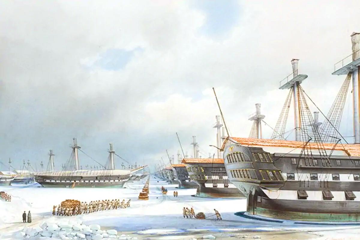 Кронштадт. Военная гавань зимой. Л. Премацци. Акварель. 1851 год