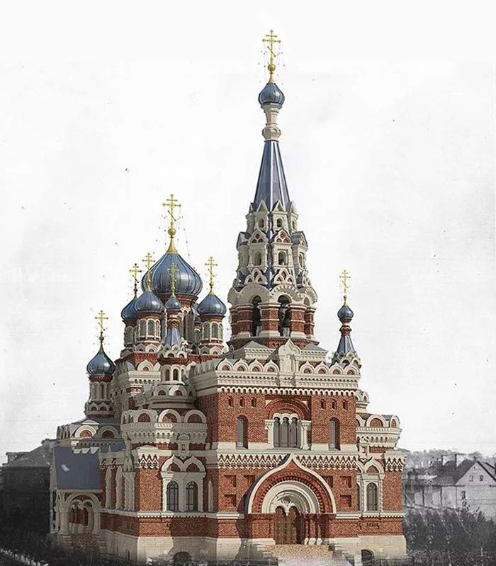 Реконструкция внешнего вида Путиловской церкви на фотографии конца 1890-х годов. Проект восстановления в первоначальном виде.