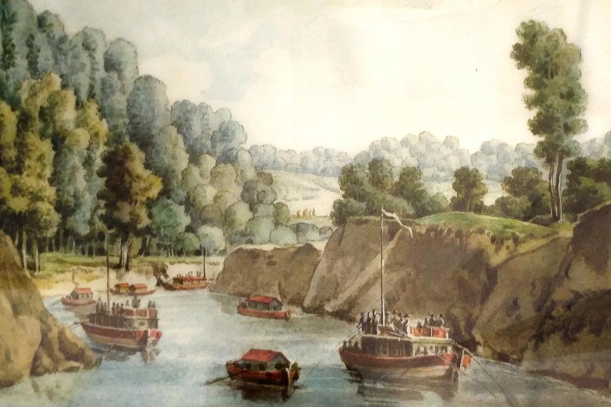 «Императорская флотилия на реке Мсте», М. М. Иванов, акварель, 1785 год