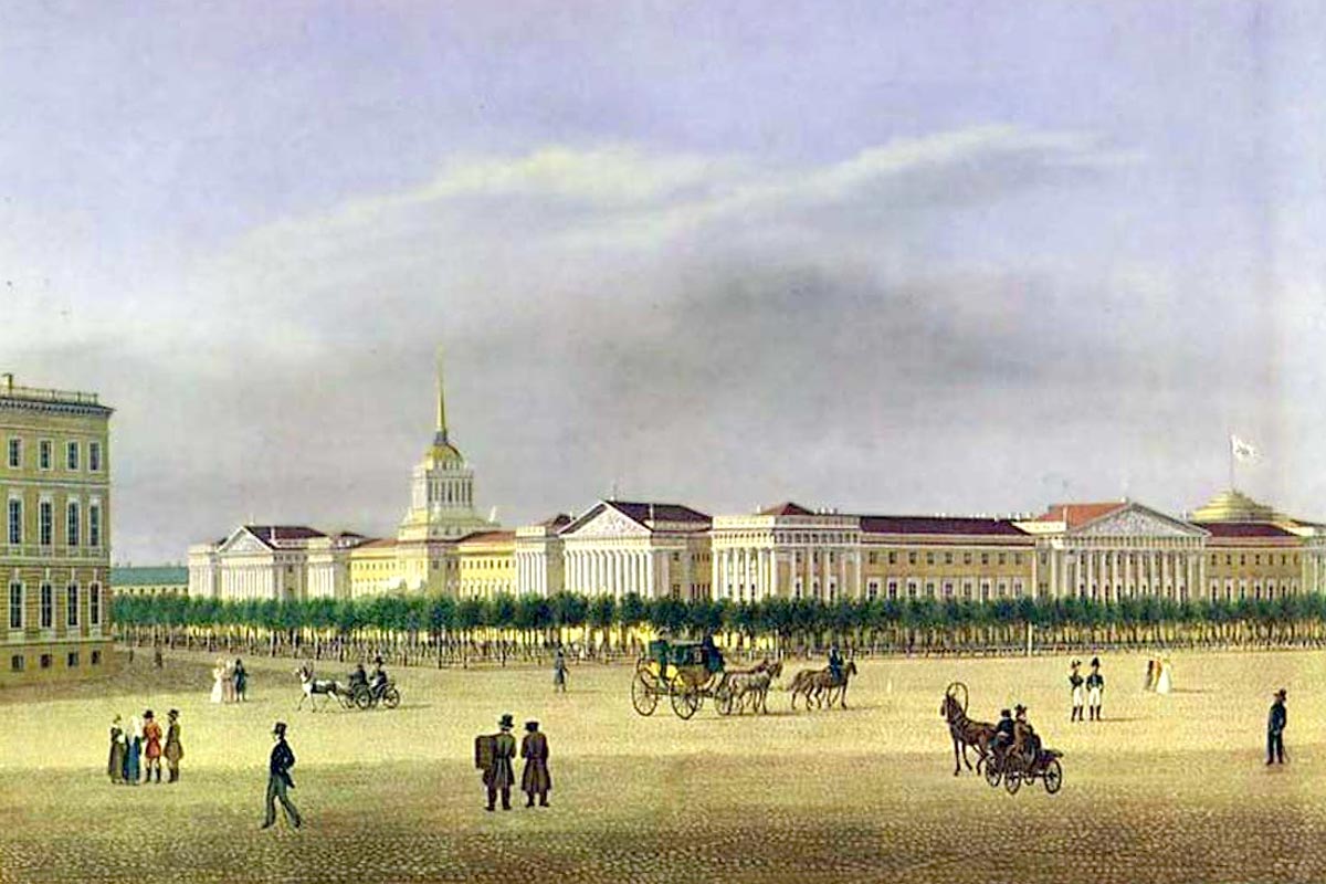 Вид от Дворцовой площади на Адмиралтейство. И. Барт. Литография. 1810 год