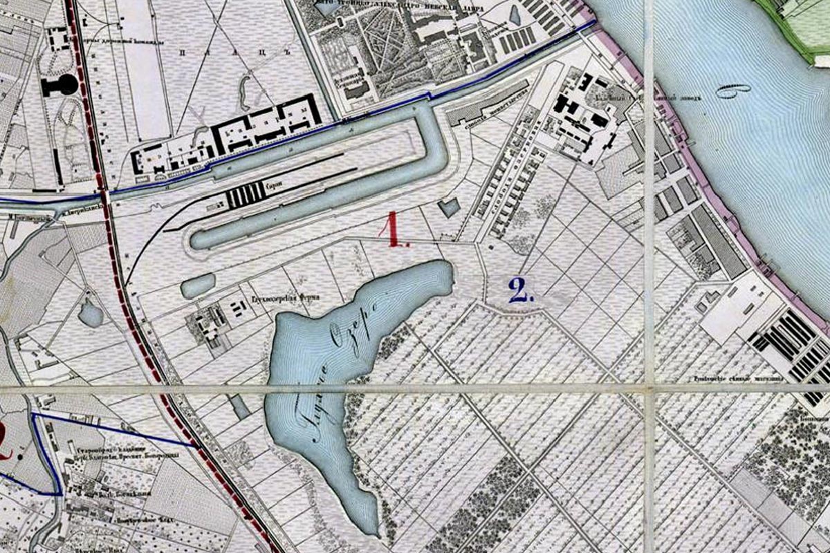 Фрагмент карты Санкт-Петербурга 1894 года (изображения местности, строений завода, так же есть в ЦГИА СПб ф 513 оп102 д1133)